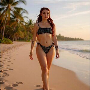 Read My Lips Lace Bikini Set XS – Black Ruched Tie-Strap Top & Low-Rise Bottoms